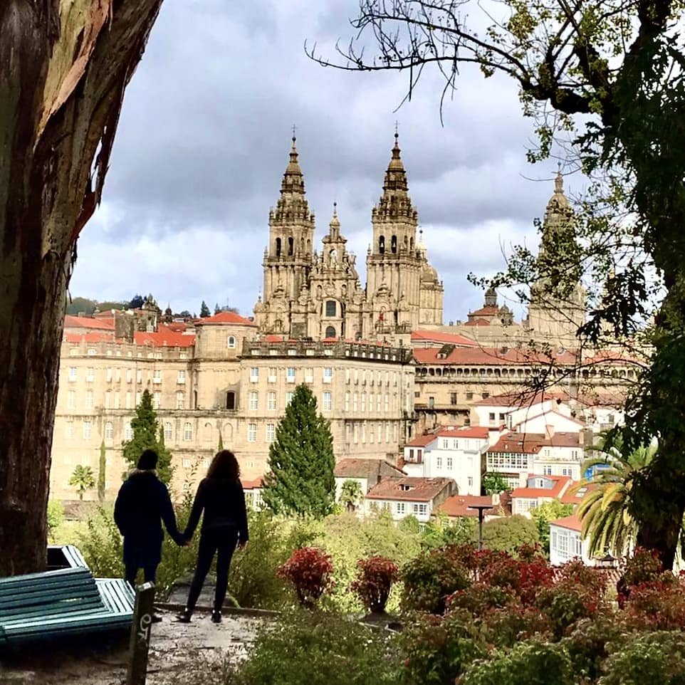 Views of the Cathedral in Santiago de Compostela as you enter the city on the Camino Portugués.