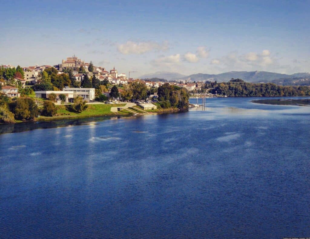 View of Tui in Spain from the International Bridge over the River Miño. Camino Portugués